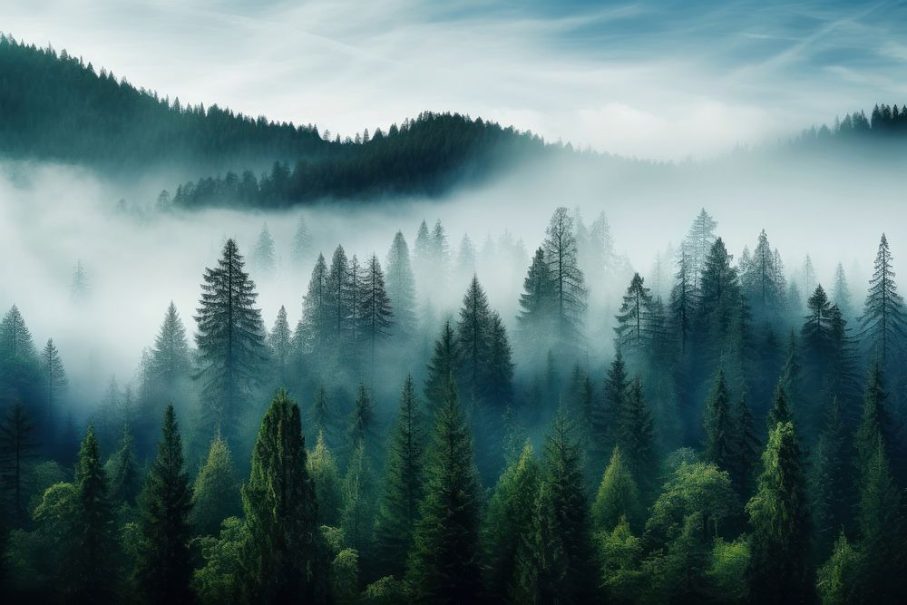 Forest tree fog landscape. AI generated Image by rawpixel.