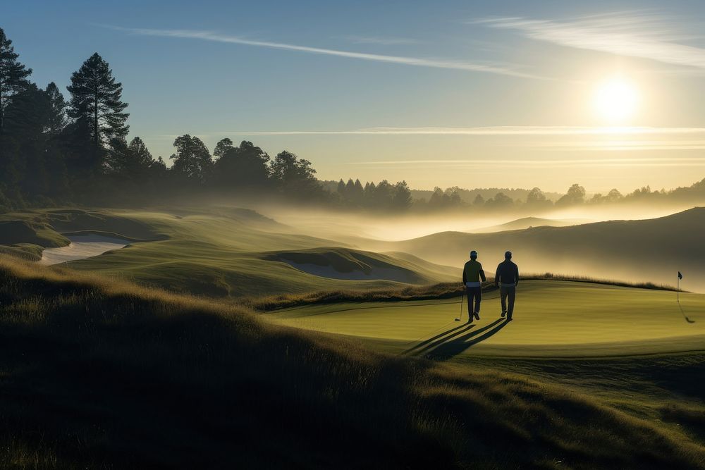 Golf standing outdoors morning. 