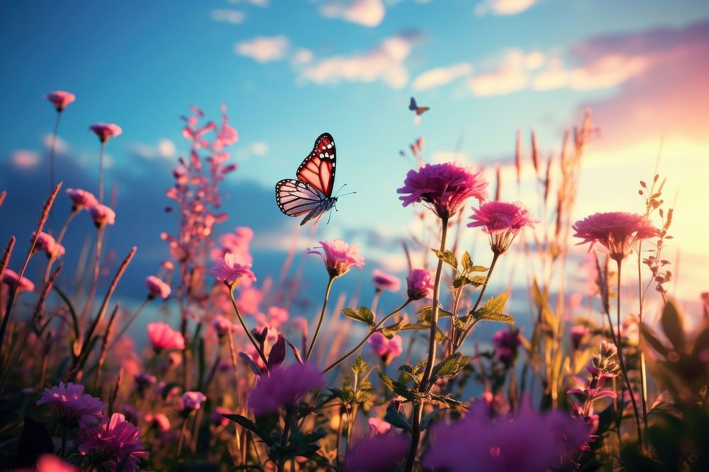 Butterfly flower sunlight outdoors. AI generated Image by rawpixel.