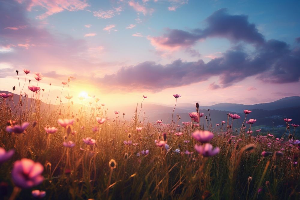 Sunlight flower meadow sky. 