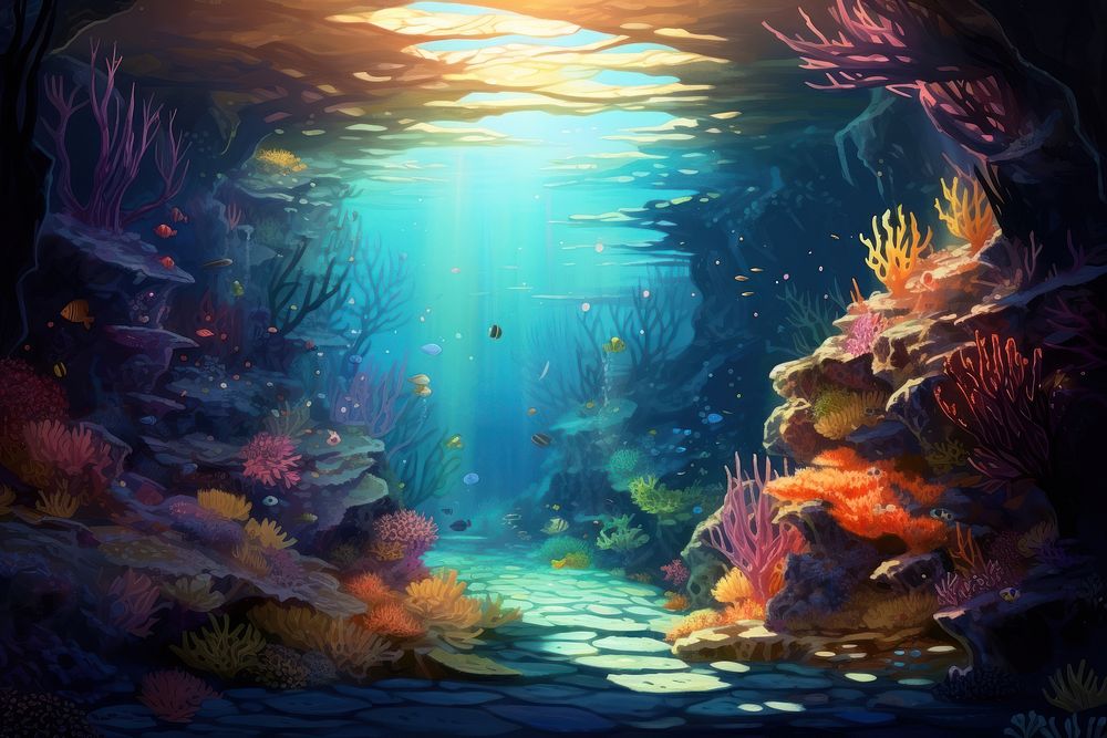 Underwater ocean sea aquarium, digital paint illustration. AI generated image