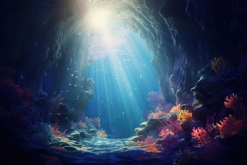 Underwater sea outdoors nature, digital paint illustration. AI generated image