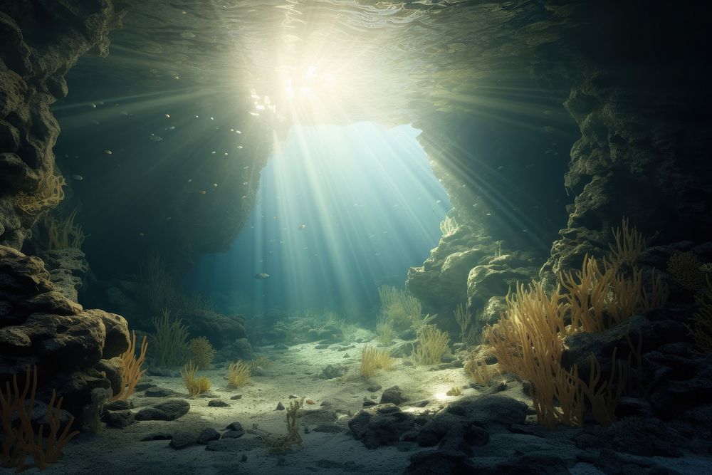 Underwater ocean light sea, digital paint illustration. AI generated image