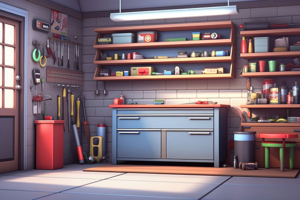 Furniture kitchen cartoon garage. 