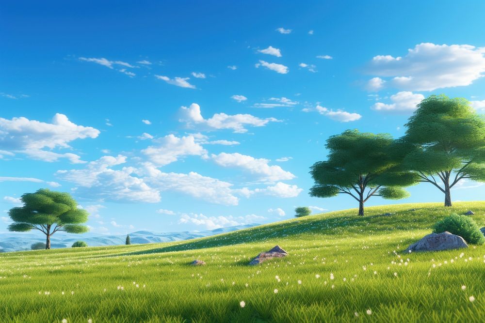 Landscape tree sky grassland. AI generated Image by rawpixel.