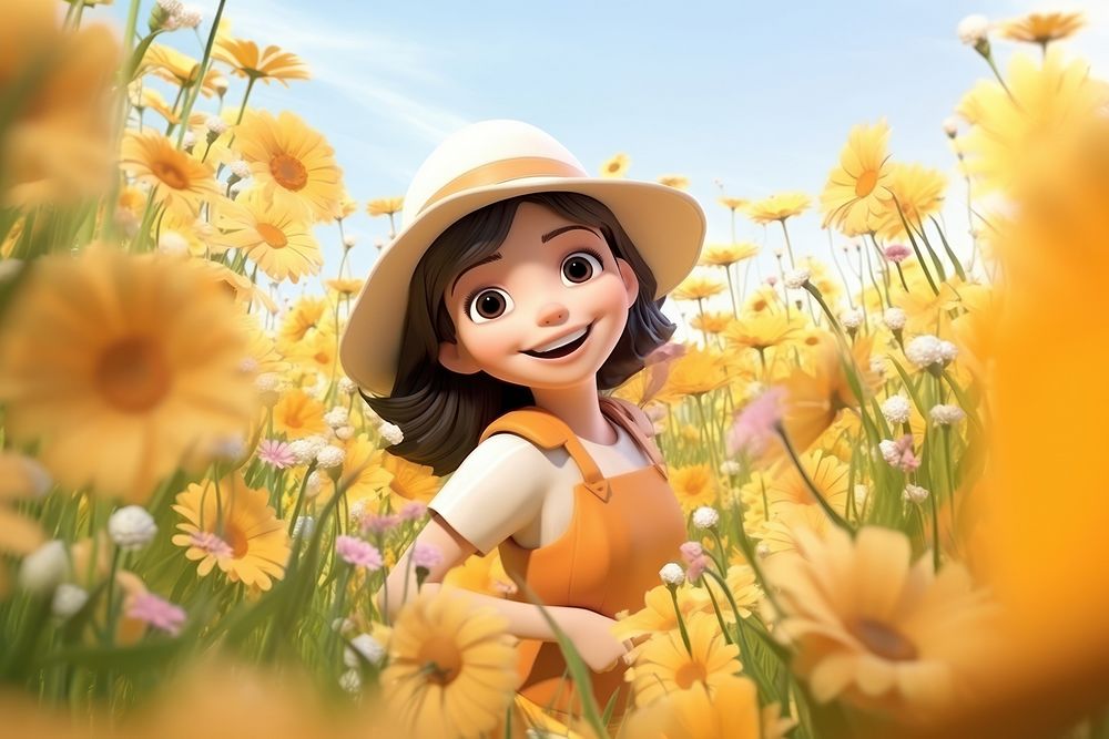 Cartoon smiling flower field. AI generated Image by rawpixel.