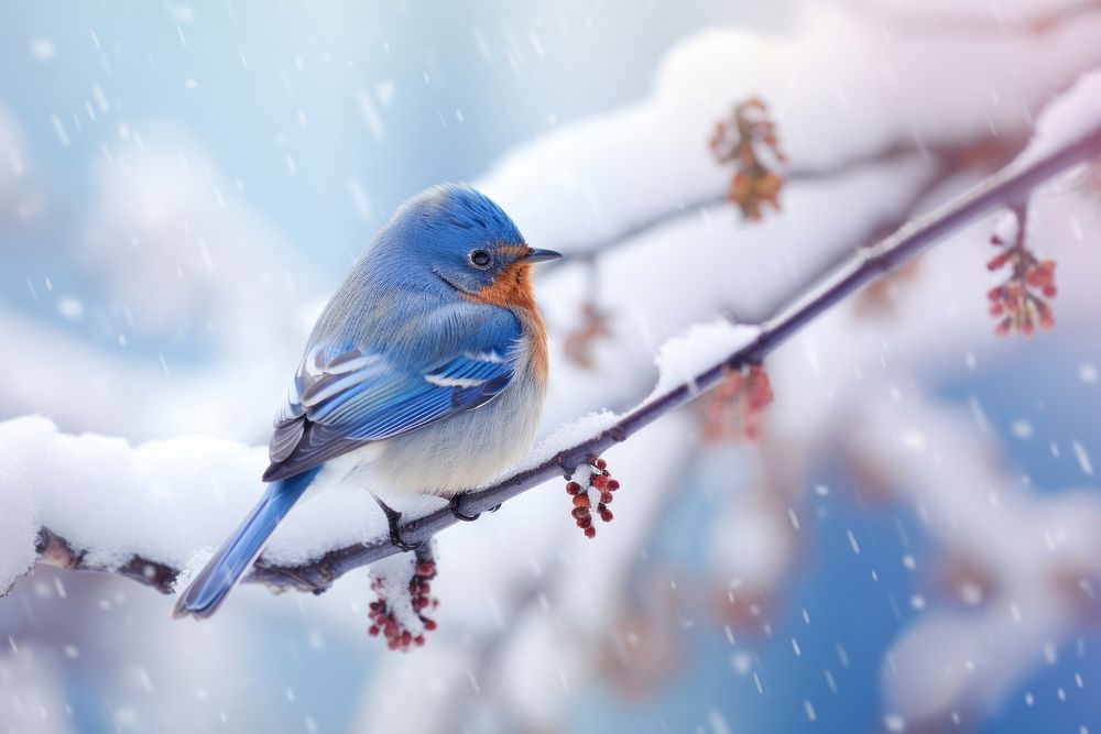 Bird snow perching outdoors. 