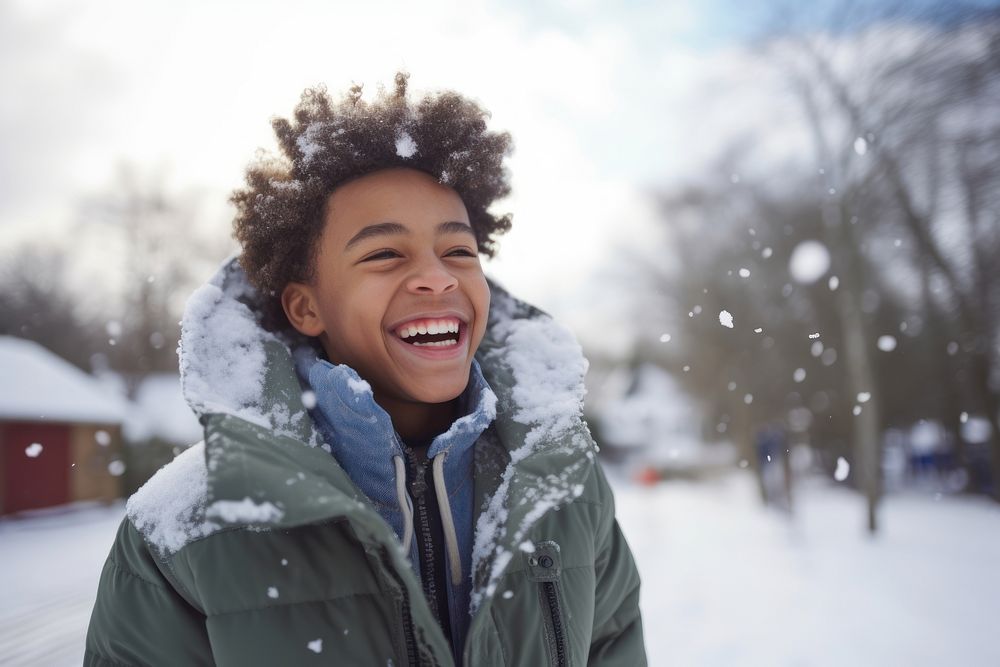 Winter snow portrait laughing. 