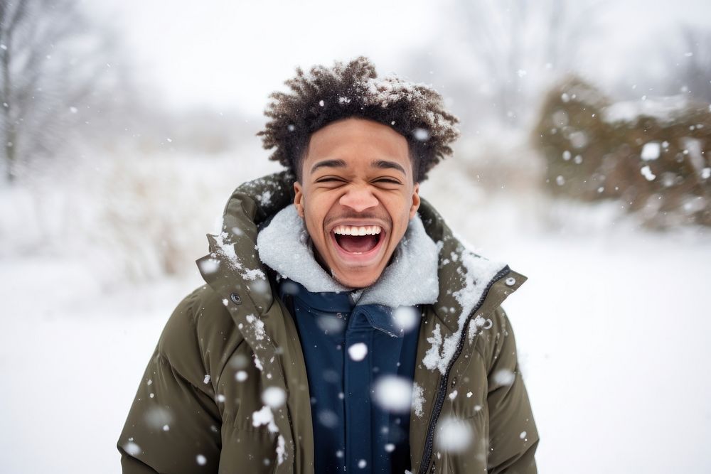 Snow laughing portrait outdoors. 