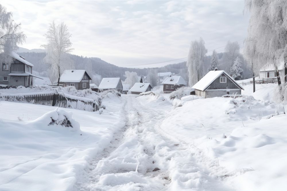 Snow landscape outdoors village. 