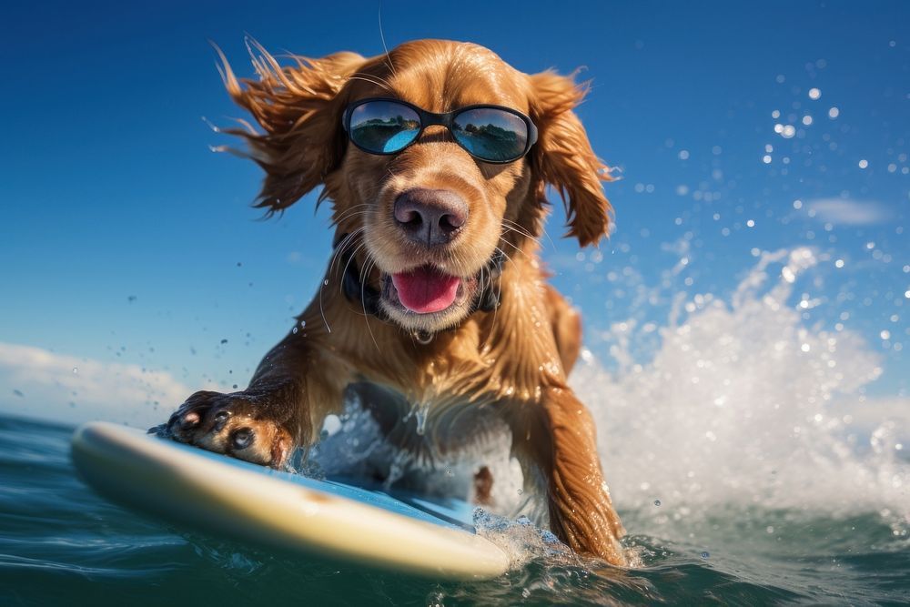 Sunglasses dog outdoors surfing. AI generated Image by rawpixel.