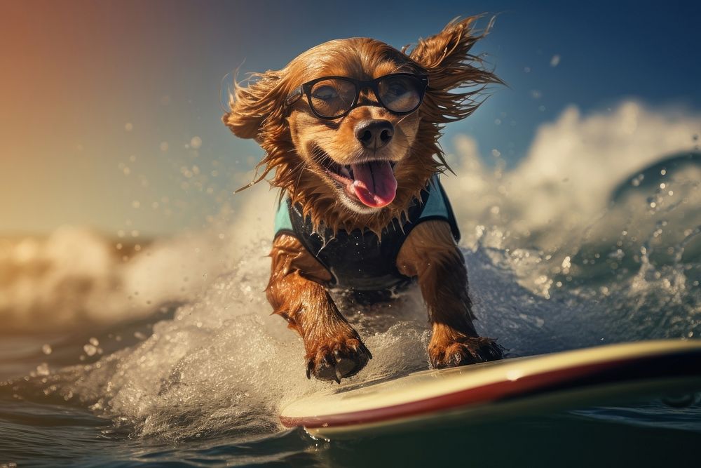 Surfing glasses dog surfboard. AI generated Image by rawpixel.