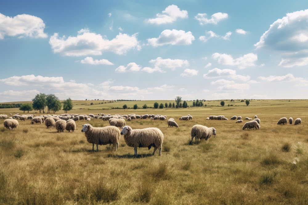 Grassland sheep herd landscape. AI generated Image by rawpixel.