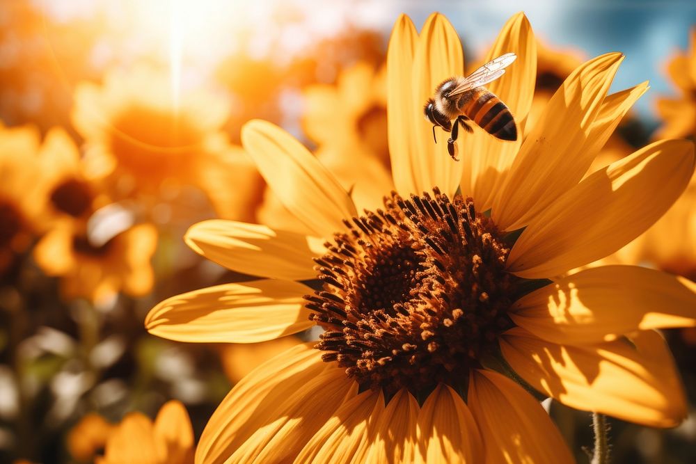 Nature flower bee sunflower. AI generated Image by rawpixel.
