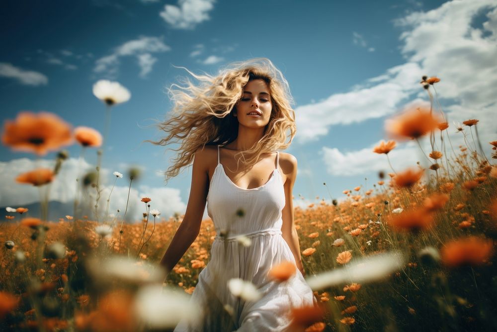 Flower field outdoors portrait. AI generated Image by rawpixel.