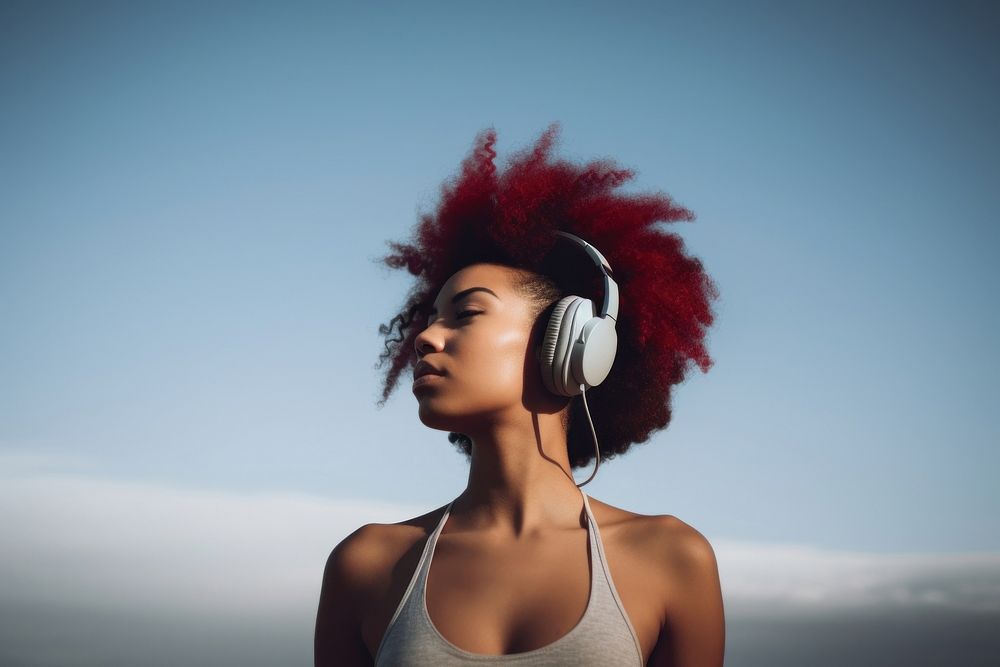 Headphones listening adult woman. 