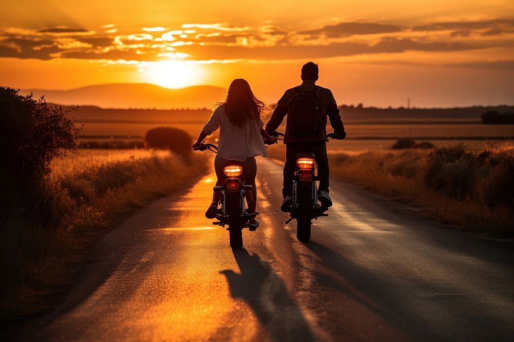 Motorcycle vehicle bicycle sunset. AI generated Image by rawpixel.