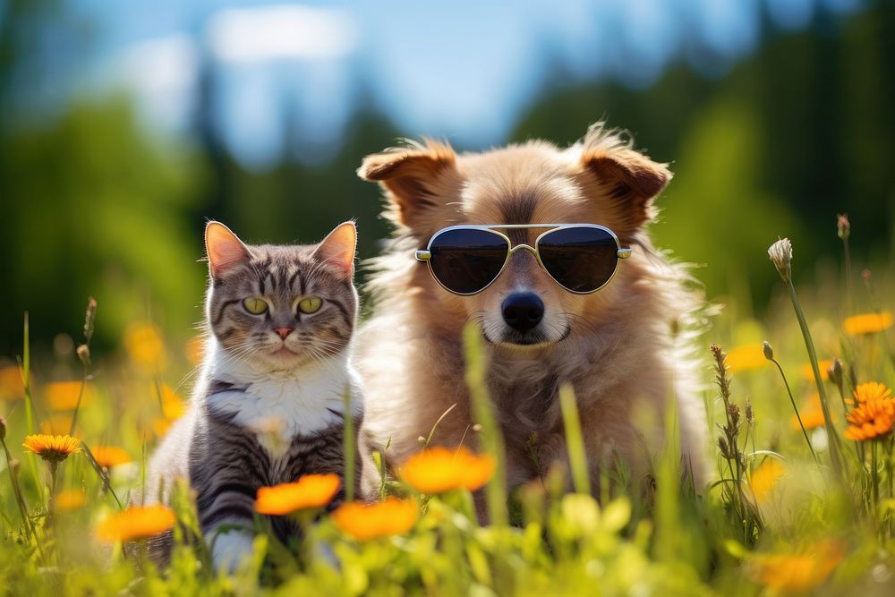 Sunglasses dog portrait outdoors. 