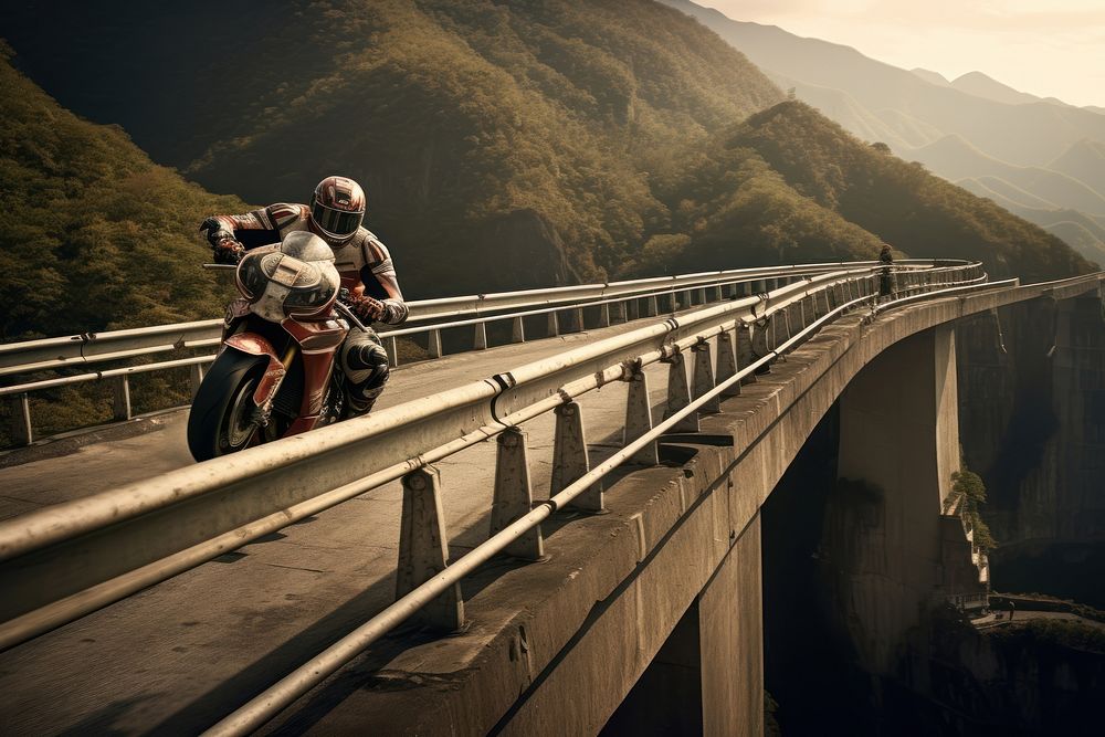 Bridge motorcycle mountain outdoors. AI generated Image by rawpixel.