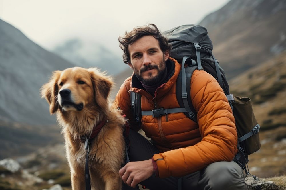 Backpack dog adventure mountain. 