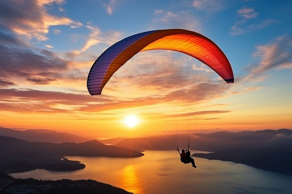 Paragliding recreation adventure sunset. 