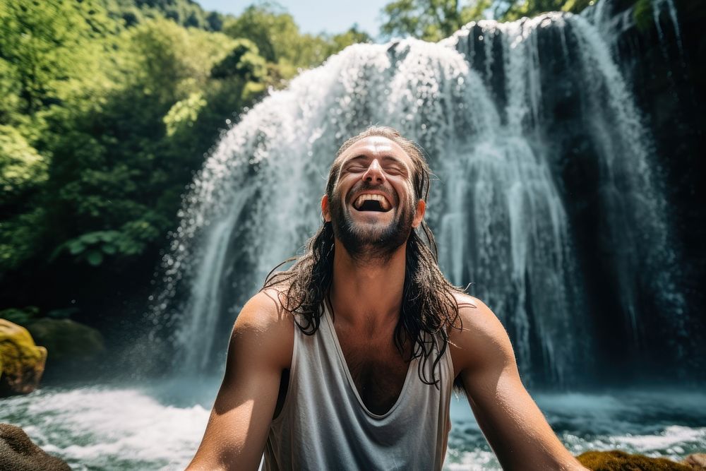 Waterfall laughing smiling adult. AI generated Image by rawpixel.