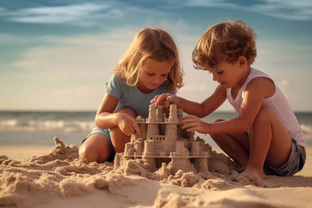 Child sand sea sandcastle. AI generated Image by rawpixel.