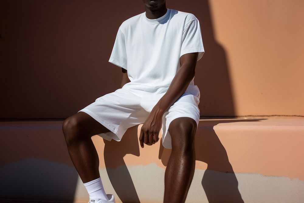 Sitting shorts footwear outdoors. 