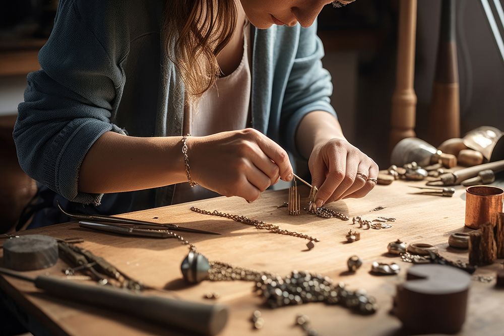 Workbench jewelry making hand. 