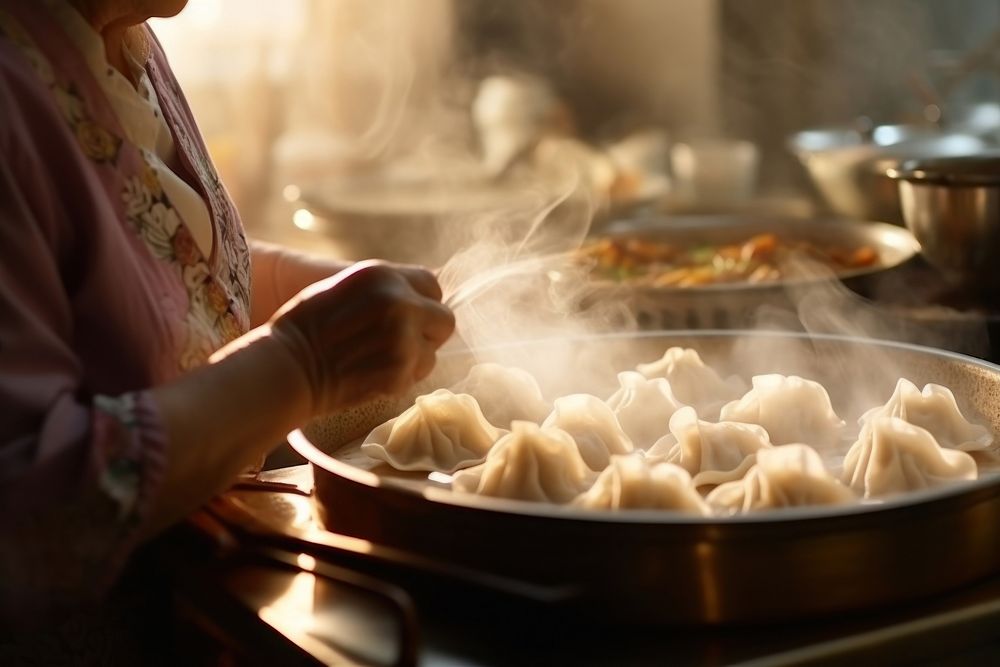 Dumpling adult steam food. AI generated Image by rawpixel.