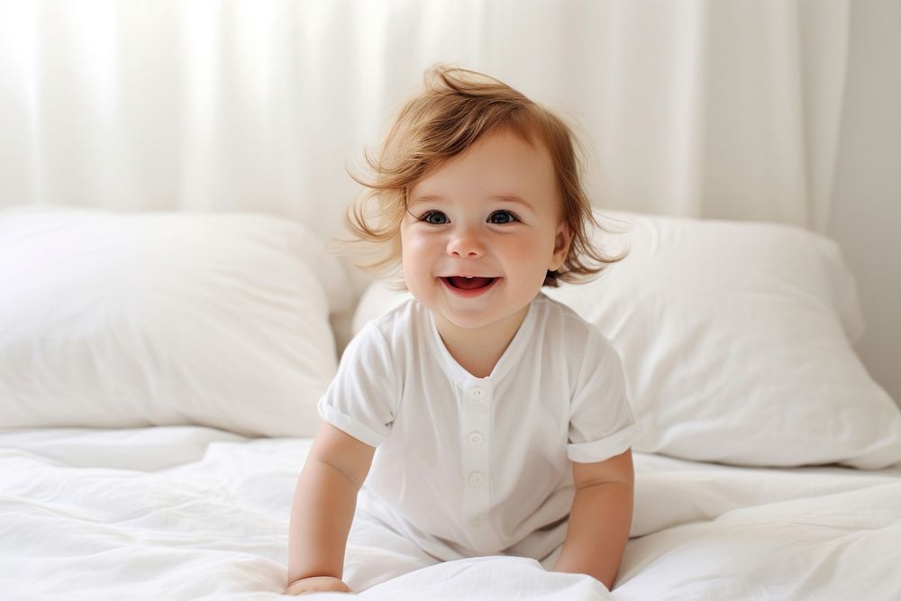 Baby cheerful portrait bedroom. AI generated Image by rawpixel.