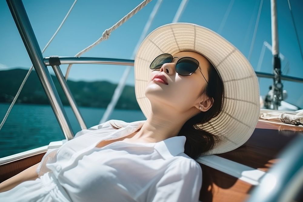 Sunbathing yacht sunglasses vehicle. AI generated Image by rawpixel.