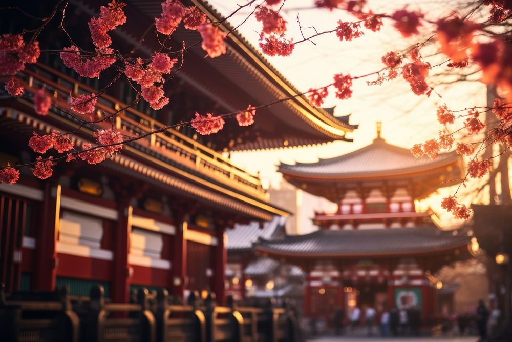 Temple architecture building blossom. AI generated Image by rawpixel.