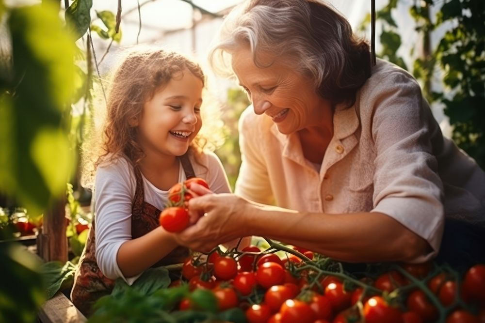 Grandmother cheerful picking tomato. 