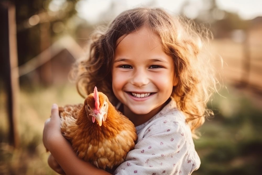 Cheerful chicken holding animal. 