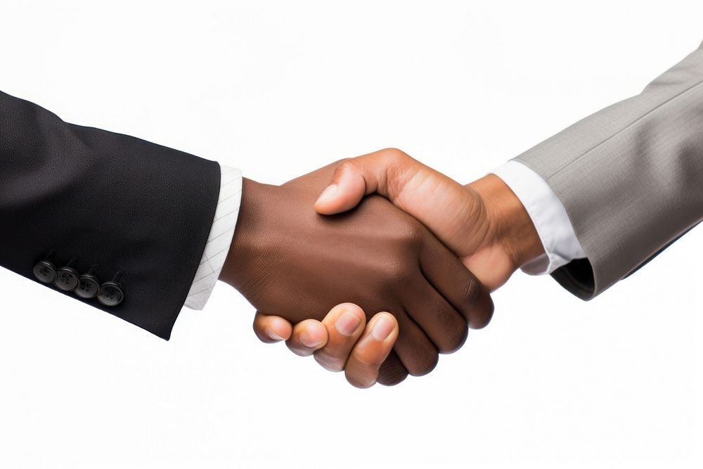 Hand handshake white background agreement. 