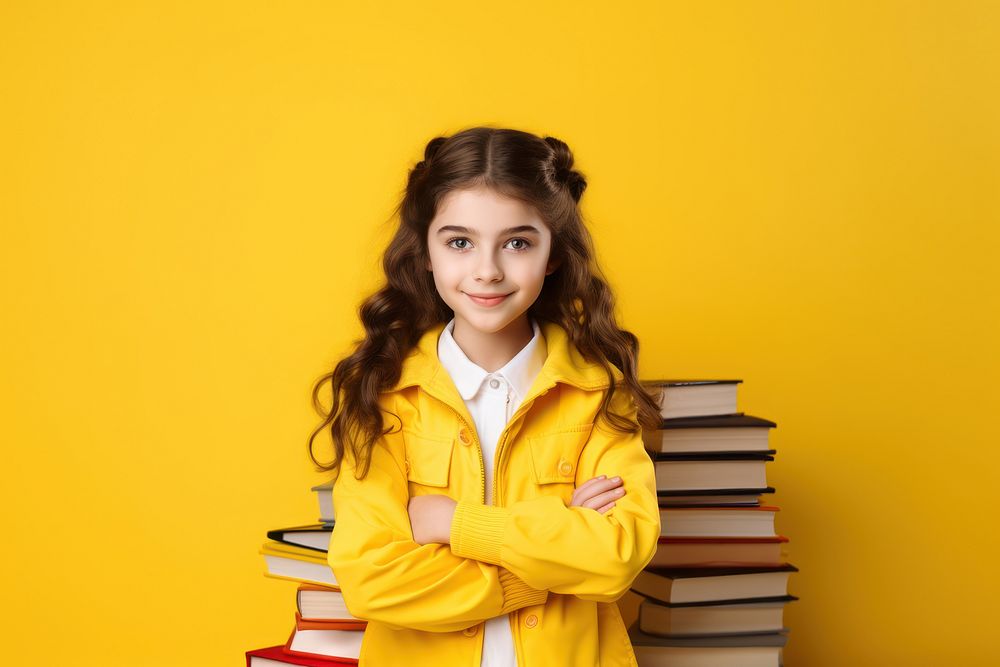 Education yellow girl yellow background. 