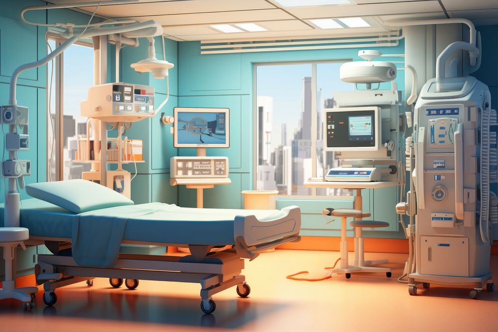 Hospital architecture furniture bed. AI generated Image by rawpixel.