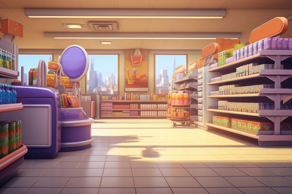 Supermarket cartoon architecture groceries. AI generated Image by rawpixel.