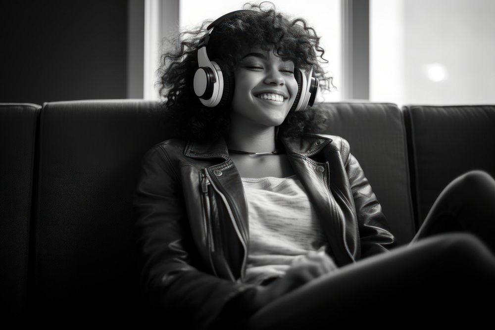 Headphones sitting smile adult. AI generated Image by rawpixel.