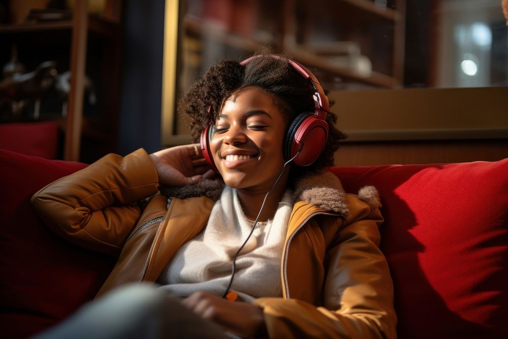 Headphones headset sitting smile. 