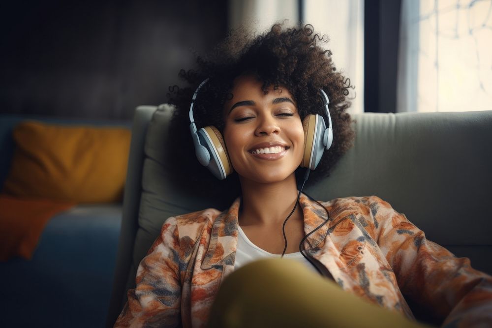 Headphones headset sitting smile. 