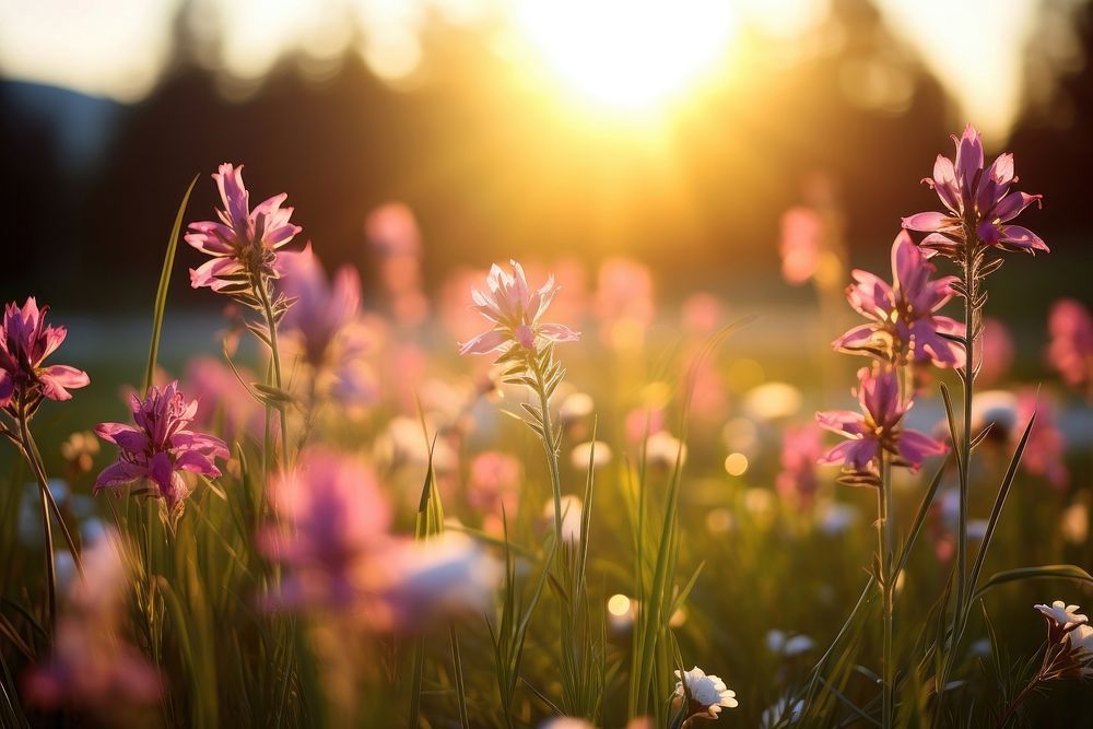 Sunlight flower field outdoors. 