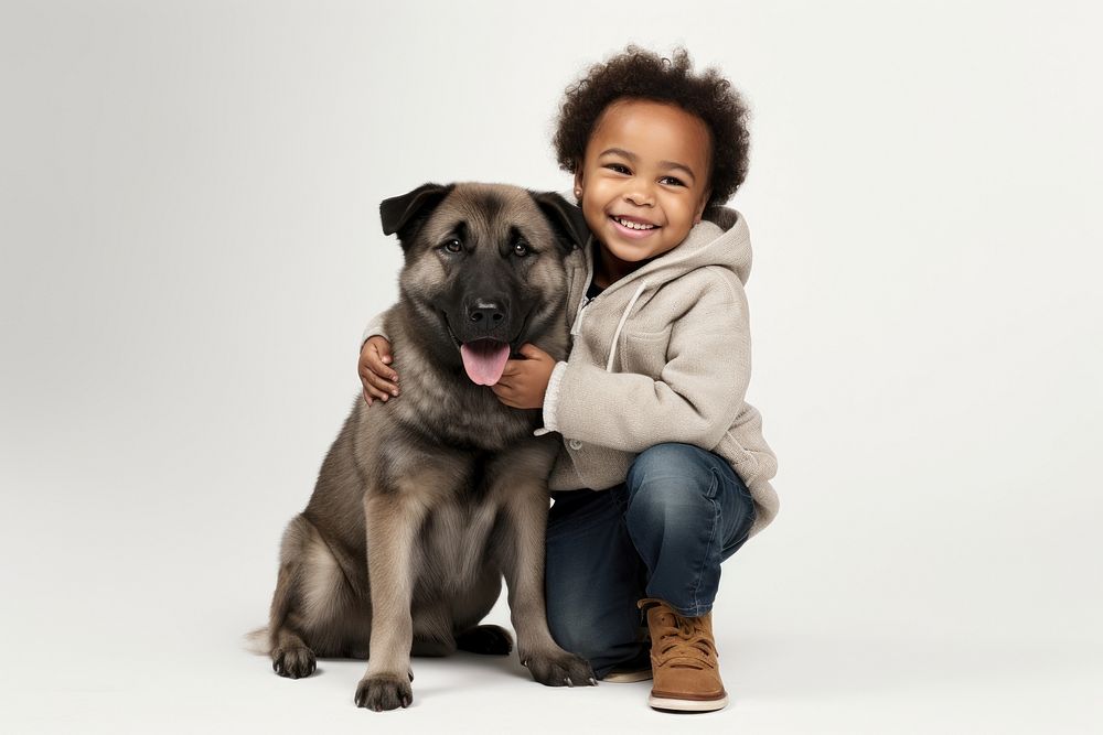 Black male toddler portrait child dog. 