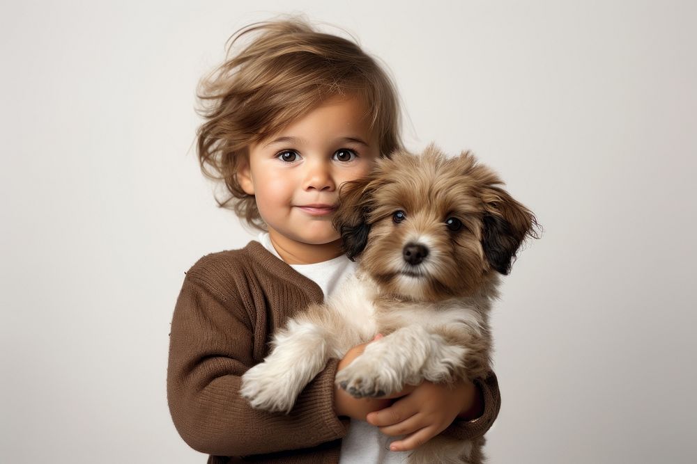 Portrait puppy toddler holding. 