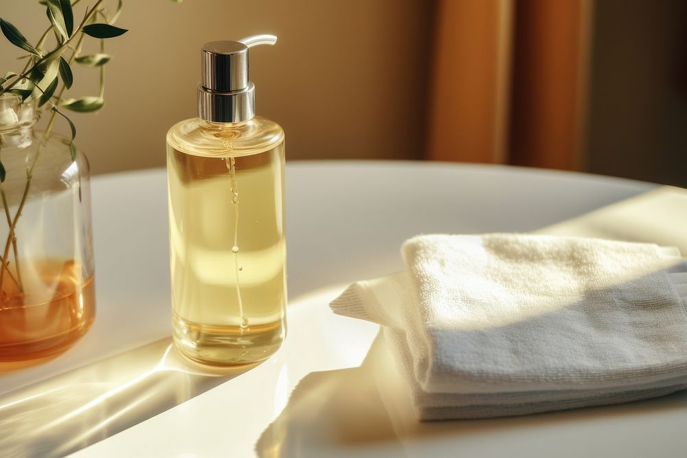 Bathroom perfume bottle towel. AI generated Image by rawpixel.