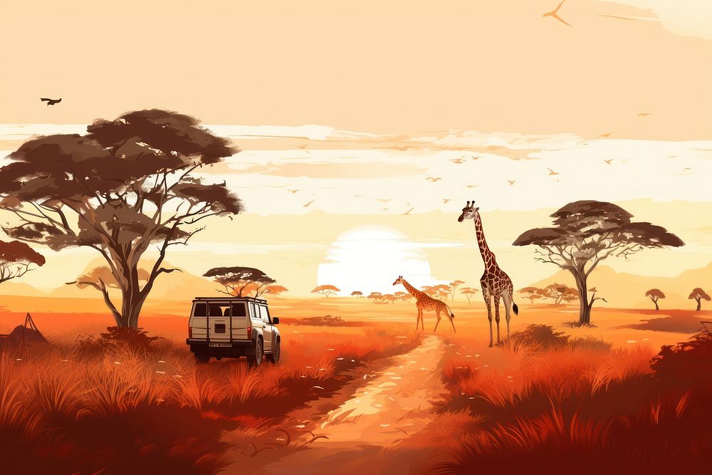 Landscape savanna giraffe safari. AI generated Image by rawpixel.