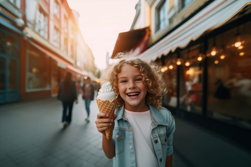 Laughing holding gelato child. 