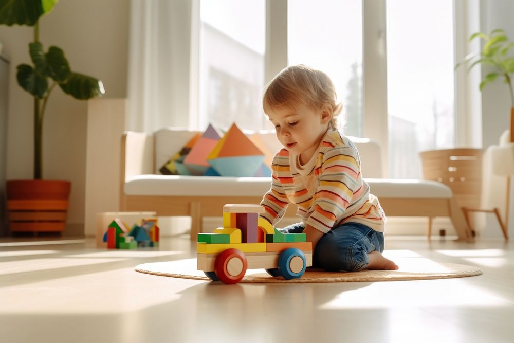 A colorful wooden toy car a male toddler playing baby construction. 