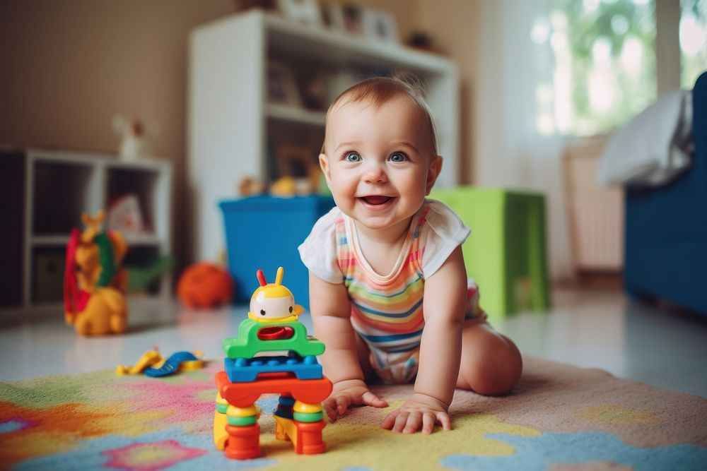 Baby toy crawling portrait. 